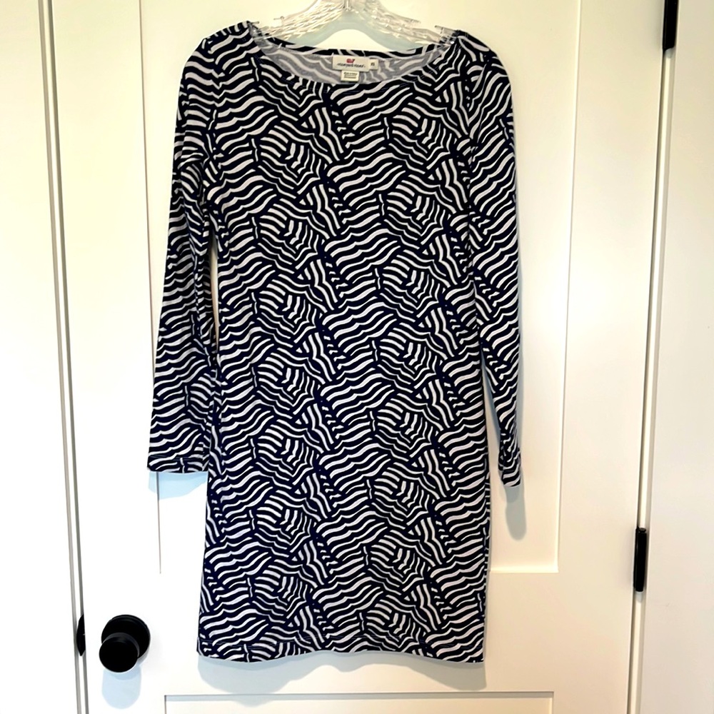 Long sleeve, cotton navy and white whale dress.